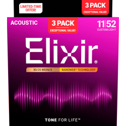 Elixir Nanoweb Acoustic Bronze 16564 3 Pack Custom Light 11-52